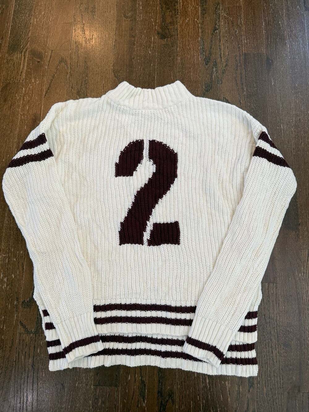 Hollister Cream White Burgundy Striped Number 2 Mock Neck Varsity Sweater Size S